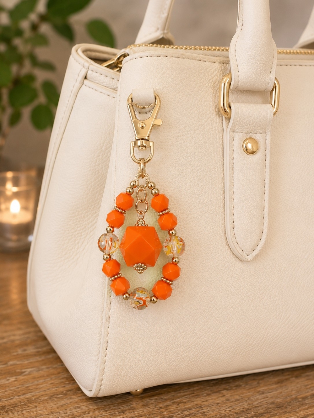 Handmade Orange Beaded Charm Keychain - Silver Hardware